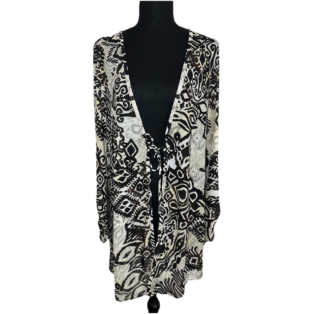 Brown Black Sheer Abstract Tie Front Cardigan Lightweight Cover Up Pit to Pit 23